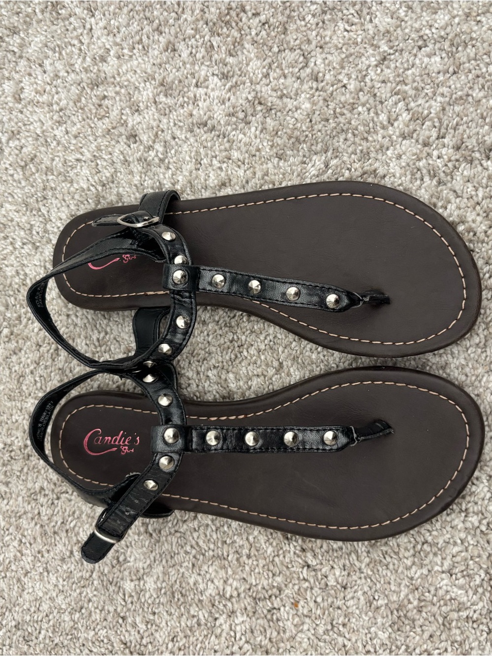 Girls NEW Candie's Black Studded T-Strap Sandals